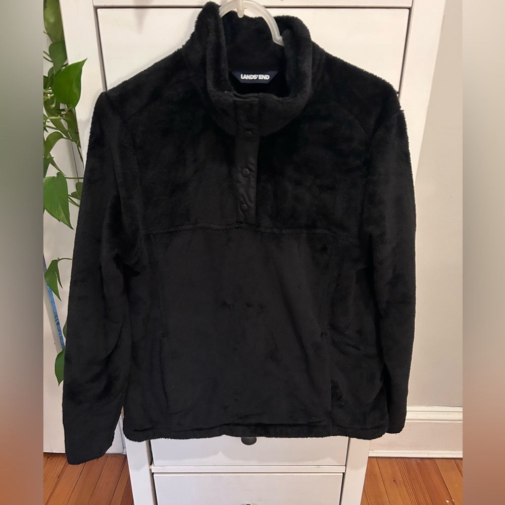 Lands End women’s large cozy black fleece pullover quarter snap with pockets